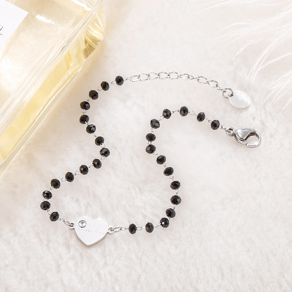 Женский браслет из нержавеющей стали с бусинами подвеской в виде сердца черных