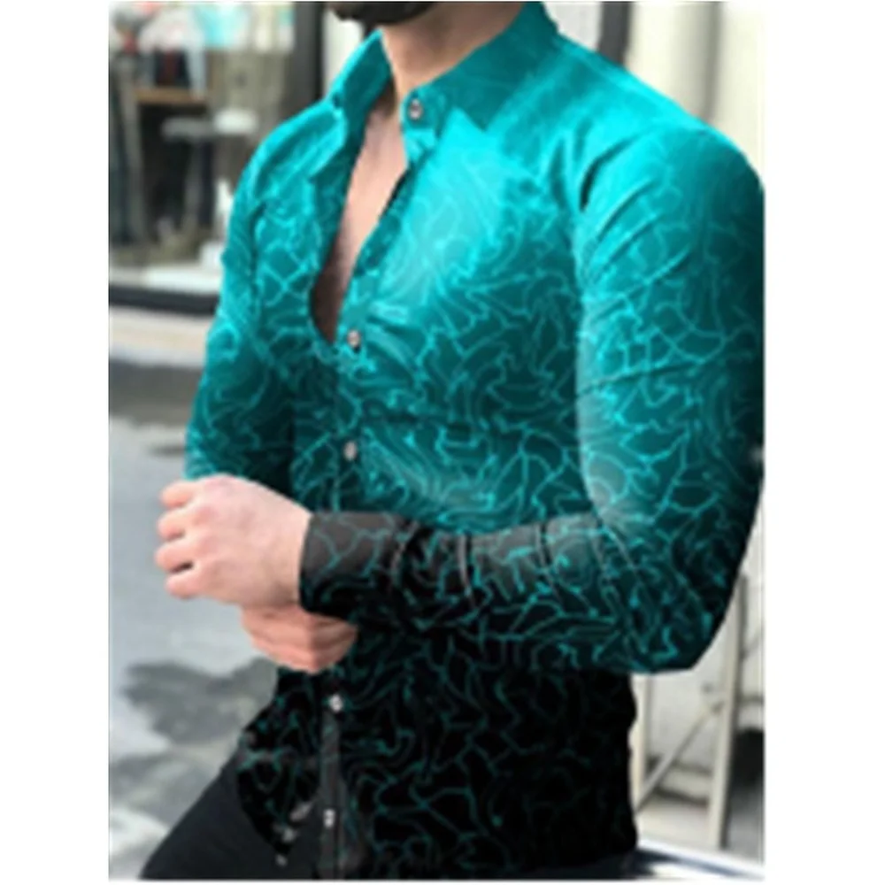 Men's Long Sleeve Shirt Top Gradient Slim Geometric Print Shirt
