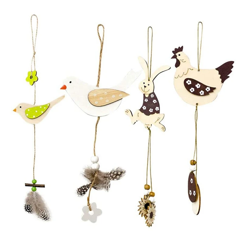 

4 Pcs Ornaments Wooden Pendant Hanging Decoration, Happy Easter Day Rabbit Bird Rooster Eggs Flower Design Easter Decor