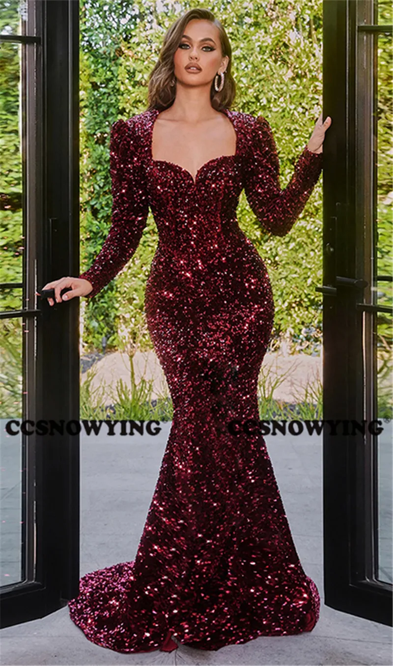 

Женское вечернее платье-русалка, Бордовое платье с блестками, длинным рукавом и сердечком, блестящее платье для выпускного вечера