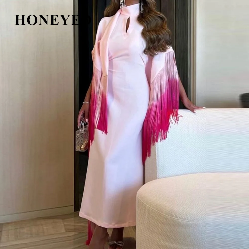 Женское платье с длинным рукавом розовое трапециевидной формы О-образным