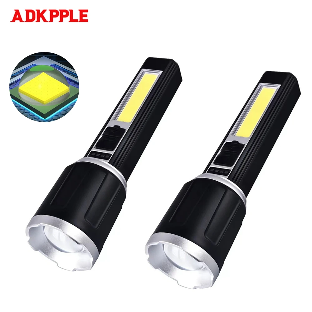 

USB Rechargeable LED Flashlight Super Bright COB Lamp Built-in 18650 Battery 4 Modes Waterproof Light Self Defense Camping Torch
