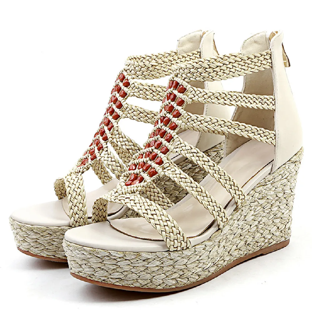 

Women's cow leather Braided hemp patchwork back zip summer wedge platform high heel sandals open toe bohemia style ankle boots