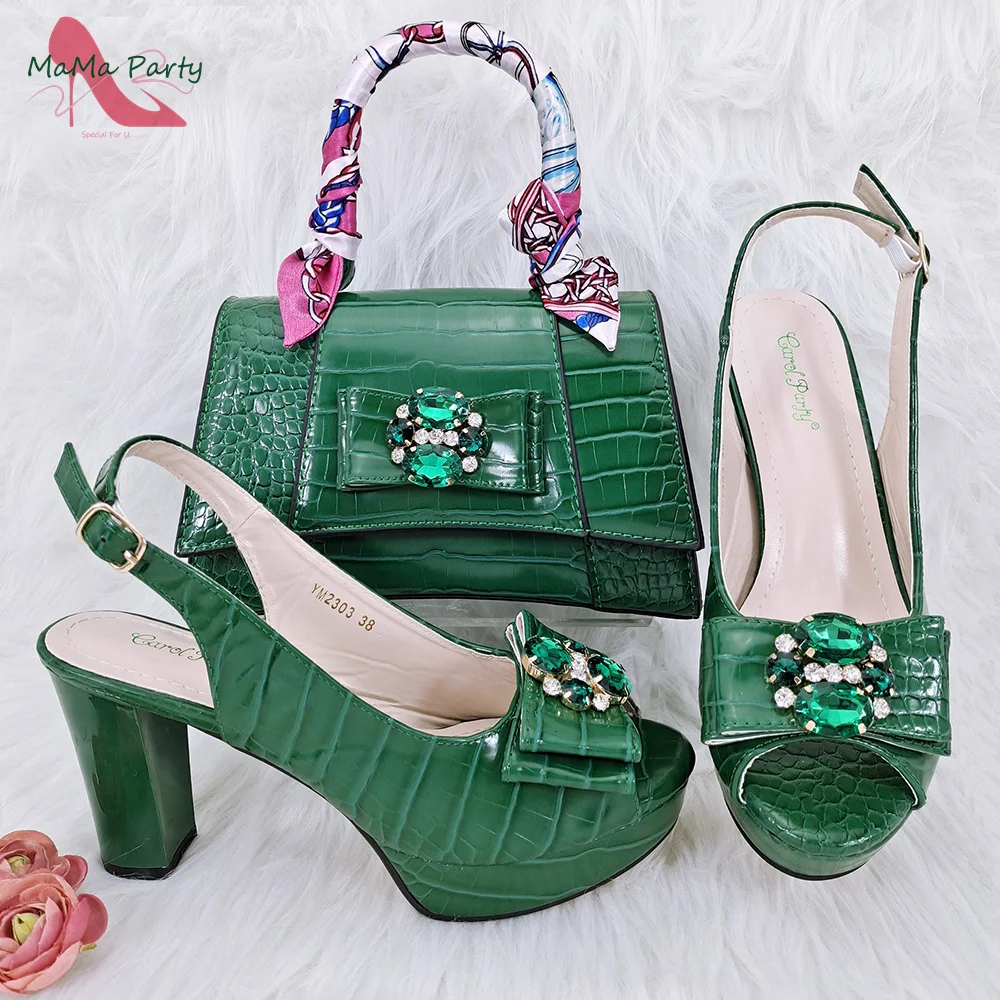 Фото 2024 New Design Sexy Style Ladies Shoes and Bag to Match in Green Color Square Heels Peep Toe Sandals for Wedding Party №1