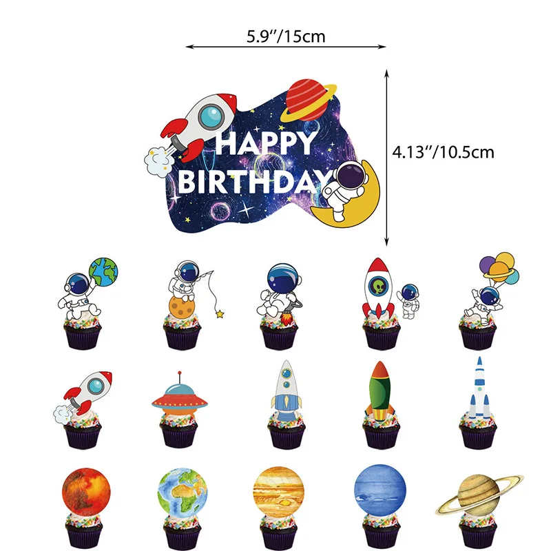 

Astronaut Cake Topper Happy Birthday Party Supplies Decoration Universe Outer Space Funny Decor Baby Shower Graduate Event