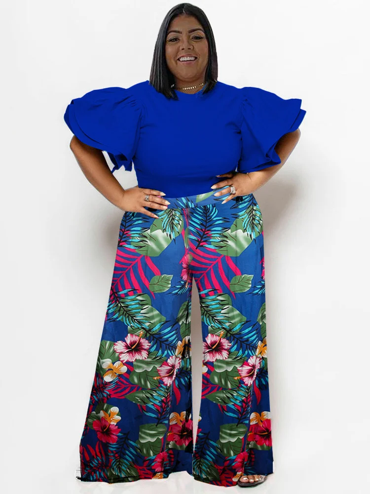 Plus Size New in Matching Sets Two Piece Outfits Summer Clothes Solid Shirts Tops and Print Pants Whol 3xl 4xl 5xl 6xl