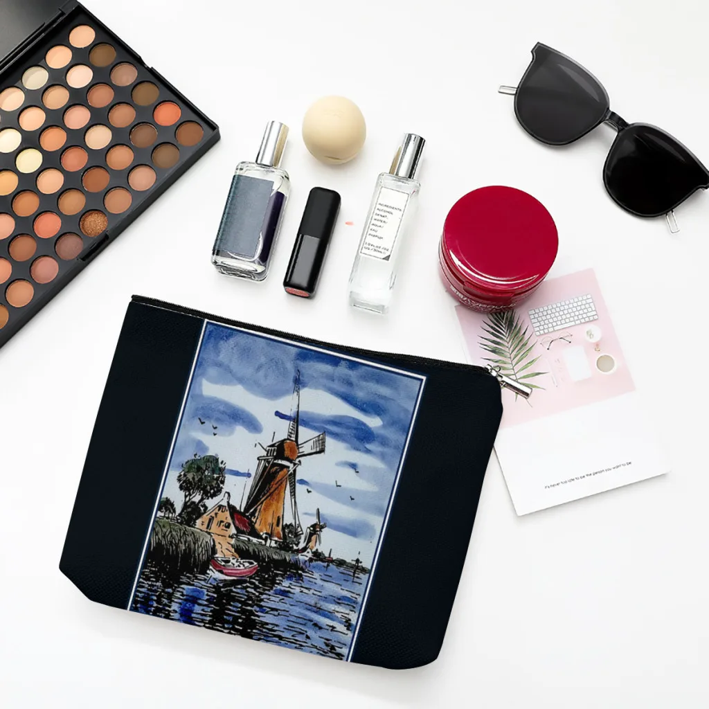 

DUTCH BLUE DELFT Vintage Colorful Windmills Boat Linen Women Cosmetic Bag Art Makeup Pouch Lady Tote Purse Travel Organizer Case