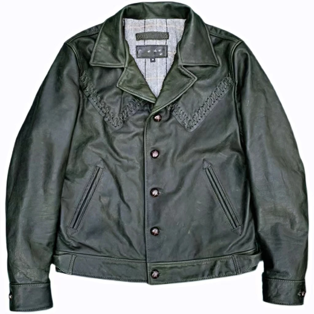 

Men's Leather Jacket Horsehide Slim Green Western Cowboy Safari Style Outfit Spring Autumn American Retro