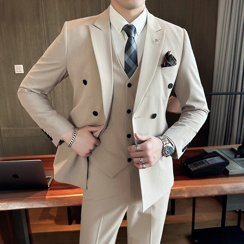 

(Jacket+Vest +pants) Fashion New Tailcoat Men's Boutique Business Blazer Slim Wedding Double Breasted Suits Vest Pants 3 Pcs Set