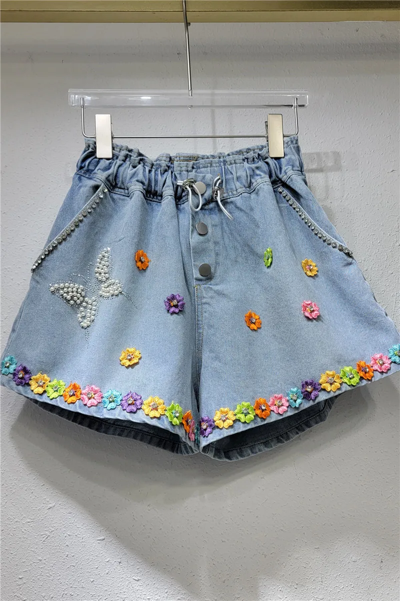 2023 Summer New Heavy Industry Butterfly Flower Drawstring High Waist Slimming Wide-Leg Denim Shorts Women