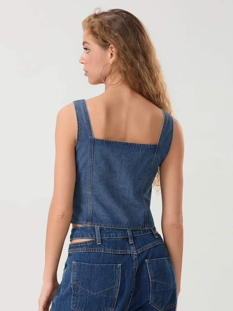Женская джинсовая майка без рукавов с квадратным вырезом и открытой спиной