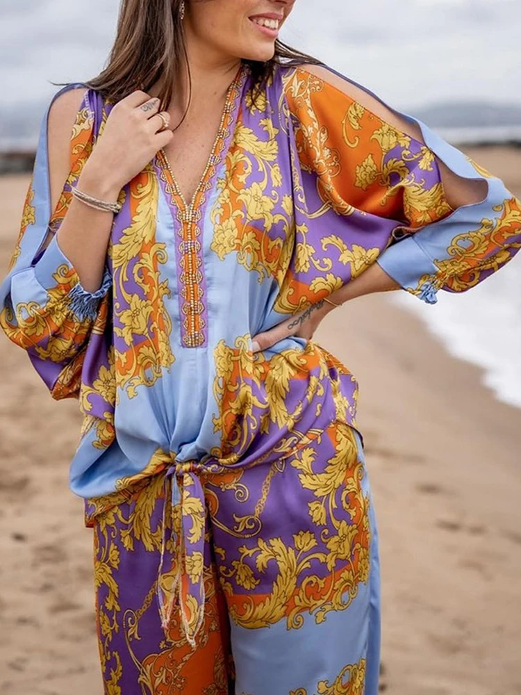

2022 Spring Summer Female Sets Fashion Lace-up Long Sleeve Blouses And Wide Leg Pants Beach Outfits Women Casual Two Piece Suits