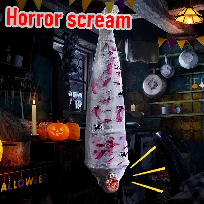 

Halloween Decoration Corpse Halloween Props Hanging Corpse with LED Skull Eyes Spider Sound Sens Halloween Outdoor Decoration