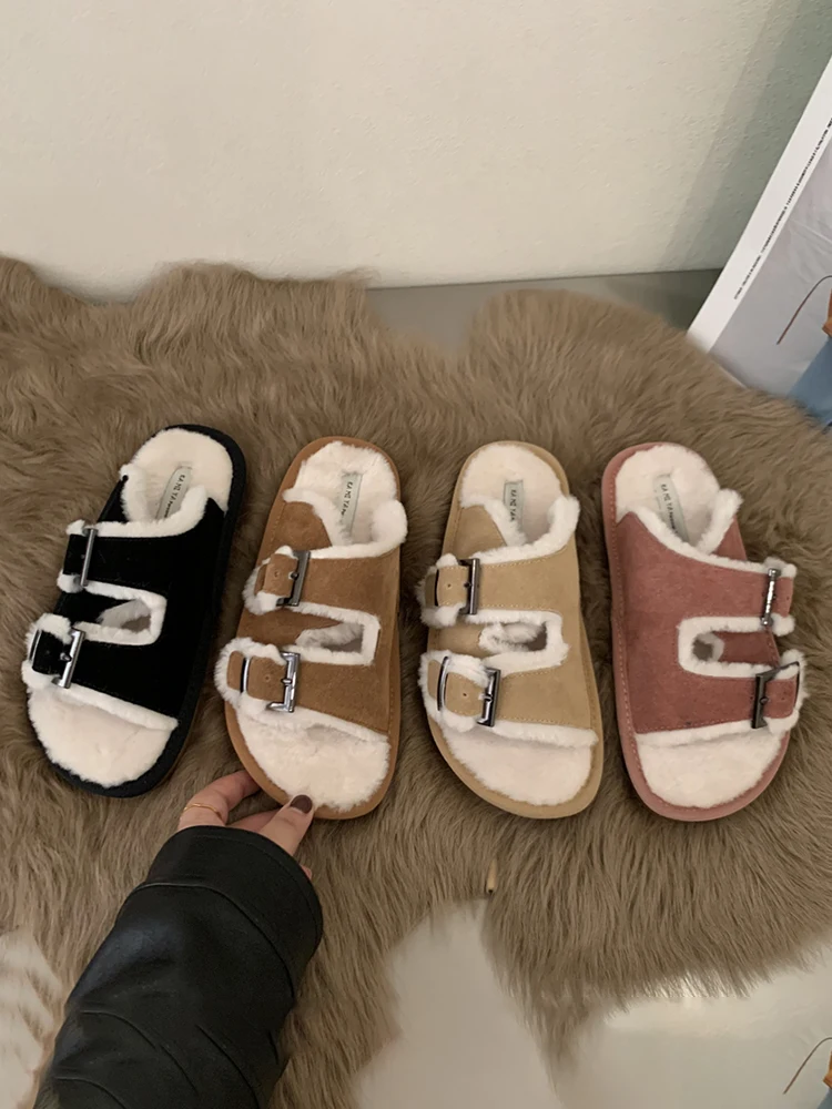 

Low Sandals Woman Leather Female Shoe Fur Heels Low-heeled Fashion Girls Outside 2022 Flat Rubber Short Plush Autumn Slipper PU