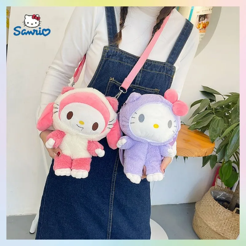 

Sanrio Cartoon Hello Kitty Plush Doll Messenger Bags Cute Girl Heart Shoulder Bag My Melody Keys Coin Purse Girl Birthday Gift