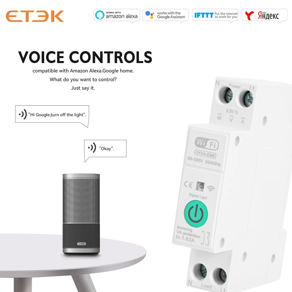 Фото ETEK TUYA WIFI умный автоматический выключатель измерение мощности 1P 63A DIN-рейка для умного дома беспроводной пульт дистанционного управления регулируемый переключатель EKV №3