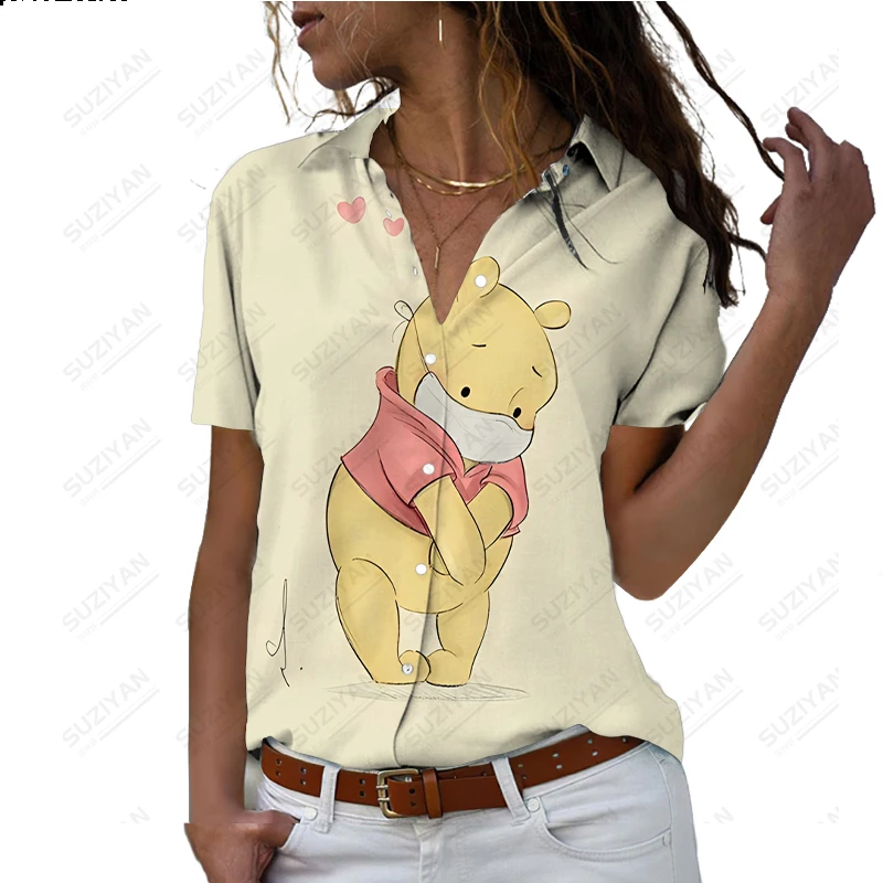 

23 New Summer Short Sleeve Button Up Shirt Coat 3D Printed Loose and Comfortable Harajuku Fit Large Cardigan Disney Winnie Bear