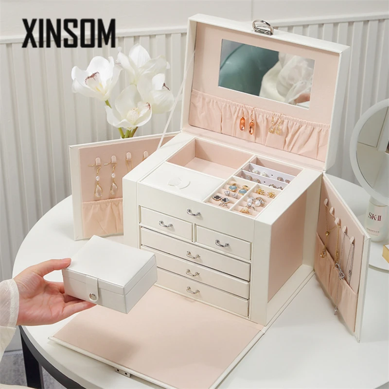 

Шкатулка для ювелирных изделий XINSOM, роскошный большой многослойный Органайзер большой емкости для ожерелий, серег, колец, браслетов, шкатул...