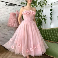 simple pink tulle tea length prom dresses strapless handmade 3d flowers a line party dress 2022 midi princess evening gowns