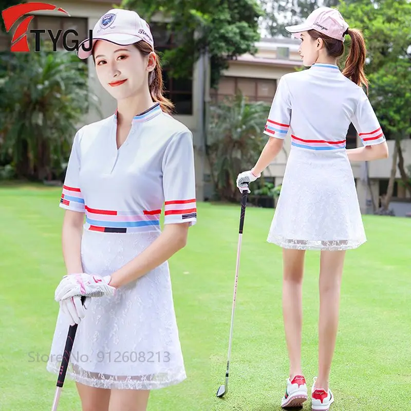 

Ttygj Golf Dress Lady High Waist Lace Golf Dress Women Short Sleeve Slim Sports Skirt Dresses Stripe V-neck T-shirt Dry Fit Wear