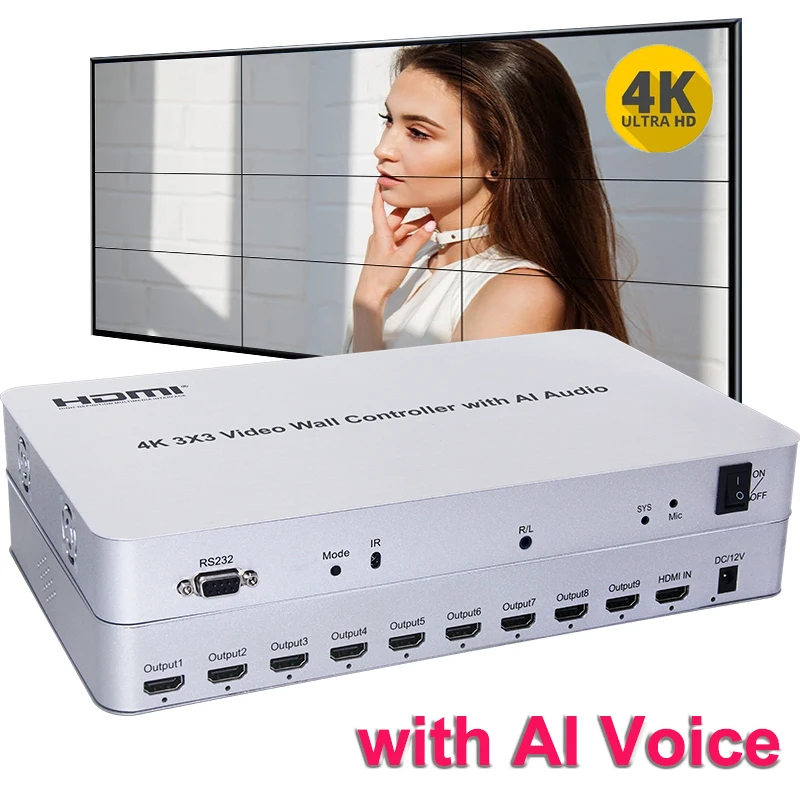 

Настенный видеоконтроллер 4K 3x3 с ИИ-аудио ободом, компенсация RS232, ИК 2 3 4 8 9, ТВ комбинированная коробка, многоэкранный ТВ настенный процессор