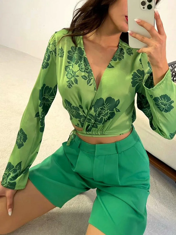 

Fashion V Neck Lace-up Shirt and High Waist Shorts Suits Women Printed Summer Two Piece Sets Elegant Long Sleeve Loose Outfits