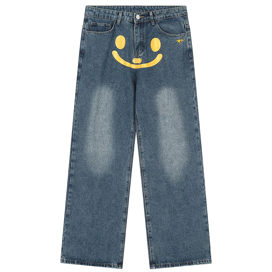 Baggy Jeans Streetwear Hip Hop Jeans Smile Face Star Men Black Blue Loose Straight Denim Pants Luxury Designer Harajuku Jeans