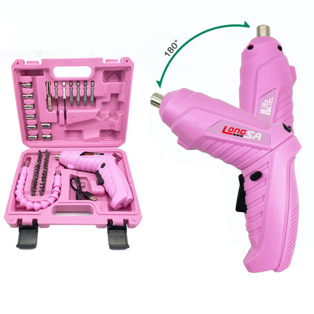 

Full Pink Electric Screwdriver Alloy Steel Bit Battery Fast Charging DIY Handicrafts Repair Power Tools Set for Women Girls Gift