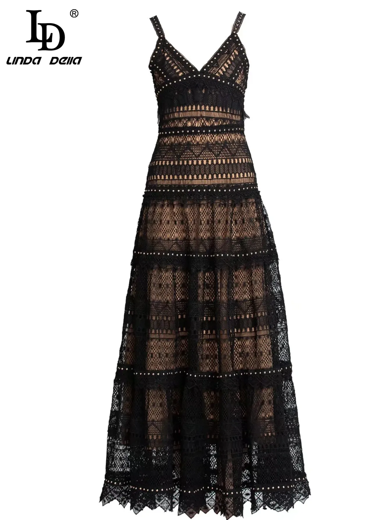 

LD LINDA DELLA Designer 2022 Summer Vacation Party Sexy Dress Women Spaghetti Strap High Waist Lace Hollow Out Balck Long Dress