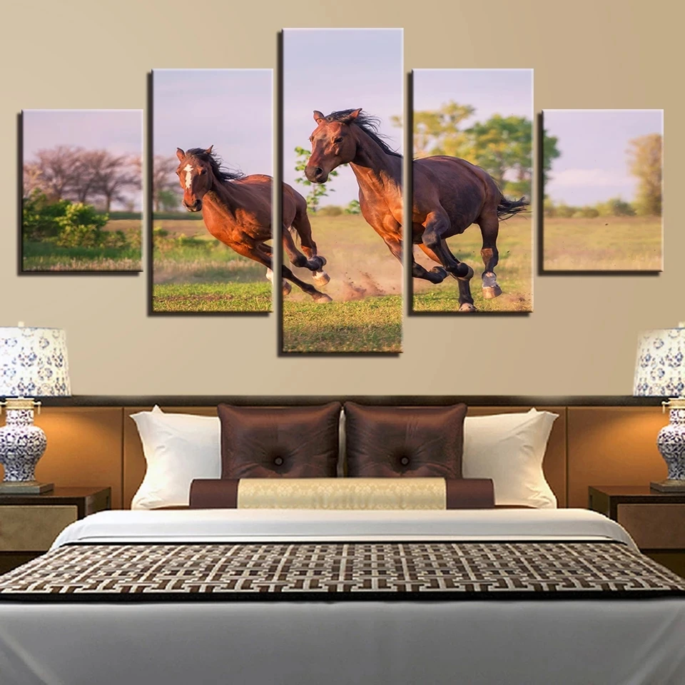 

Художественное украшение на стену с изображением двух лошадей, 5 шт., весенний пейзаж, постеры и принты, семейный Декор без рамки