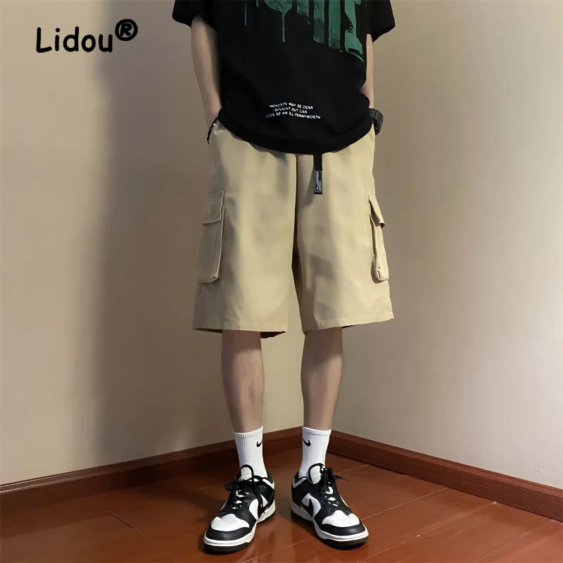 Summer Solid Color Multiple Pockets Men's Cargo Shorts New Classic Loose All-match Street Casual Waist Drawcord Male Short 2023