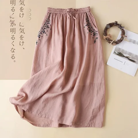 Elegant Embroidery Long Skirts Women Retro Literary Cotton Linen Skirt Female Casual Loose Elastic Waist A Line Skirts