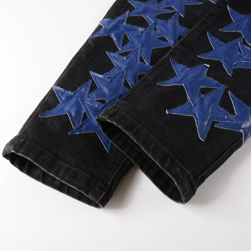 Men's Black Distressed Streetwear Blue Leather Stars Patches Slim Stretch Skinny High Street Fashion Style Ripped Jeans