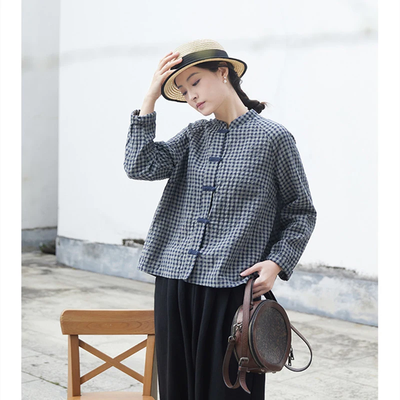 

2022 Spring Autumn Arts Style Women Vintage Single Breasted Casual Shirts Cotton Linen Vintage Plaid Loose Blouse Female C467