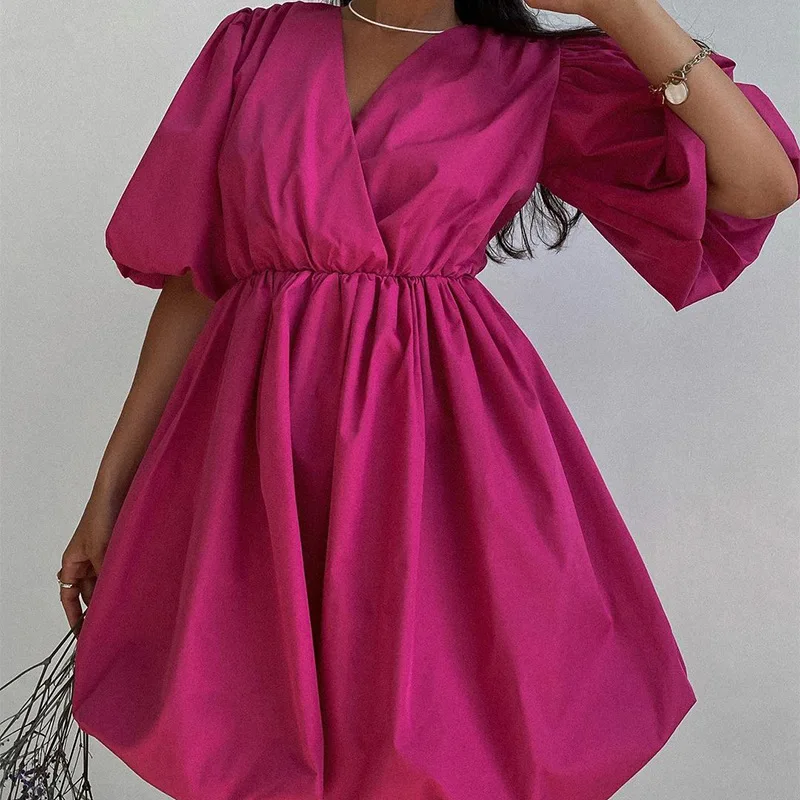

Elegant Purple V Neck Bodycon Dress For Women 2022 Spring Summer Puff Sleeve Short Dress A-Line Pleated Party Dresses Female