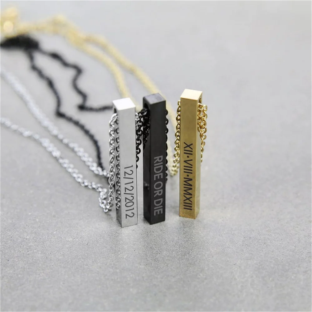 Personalized Custom Necklace Bar Laser Carved Pendant Gold Stainless Steel Necklace Gold Plated Vertical Initial Bar Necklace