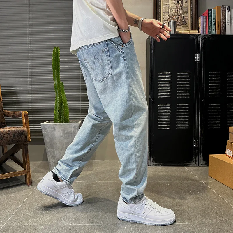 Street Fashion Men Jeans Loose Fit Retro Light Blue Hole Ripped Jeans Men Wide Leg Harem Trousers Designer Hip Hop Pants Hombre