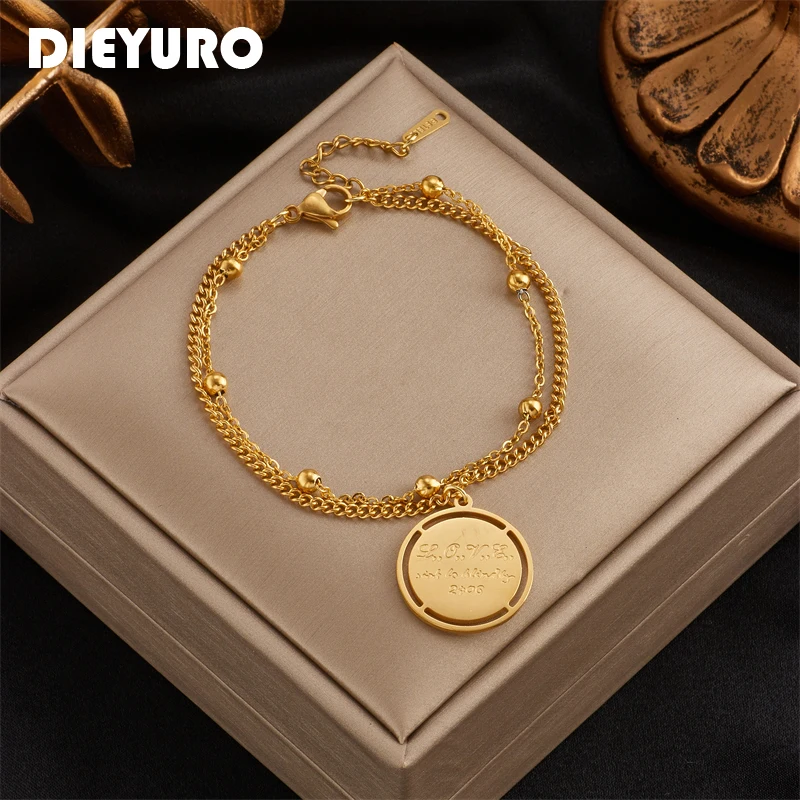 

DIEYURO 316L Stainless Steel New Gold Color Women Bracelet Round Pendant Letter Chain Bracelets Girls Everyday Wear Jewelry