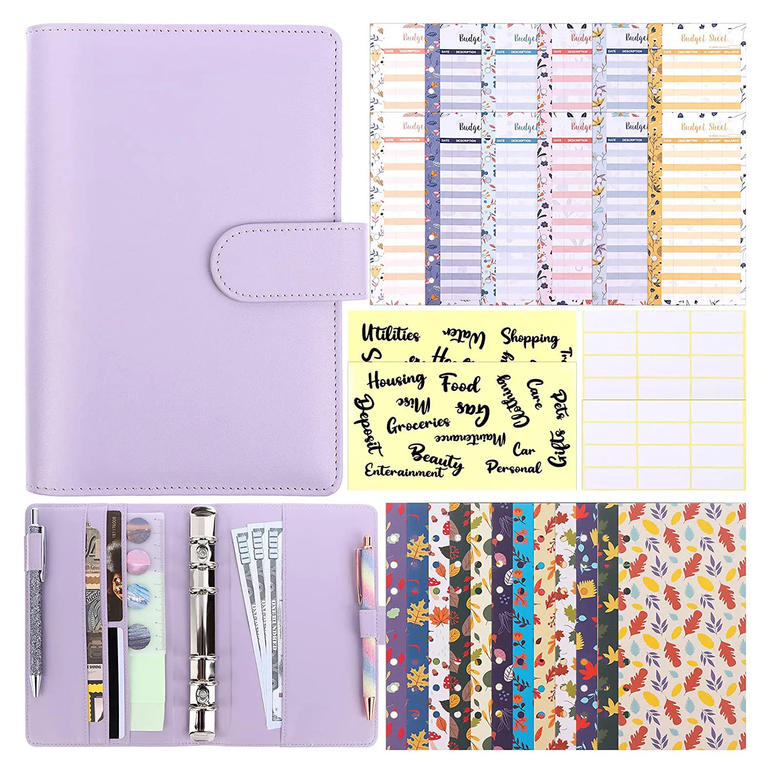 

A6 PU Leather Binder Budget Planner Envelope Organizer,with Cash Envelopes,Letter Sticker,Expense Budget Sheets for Saving Money
