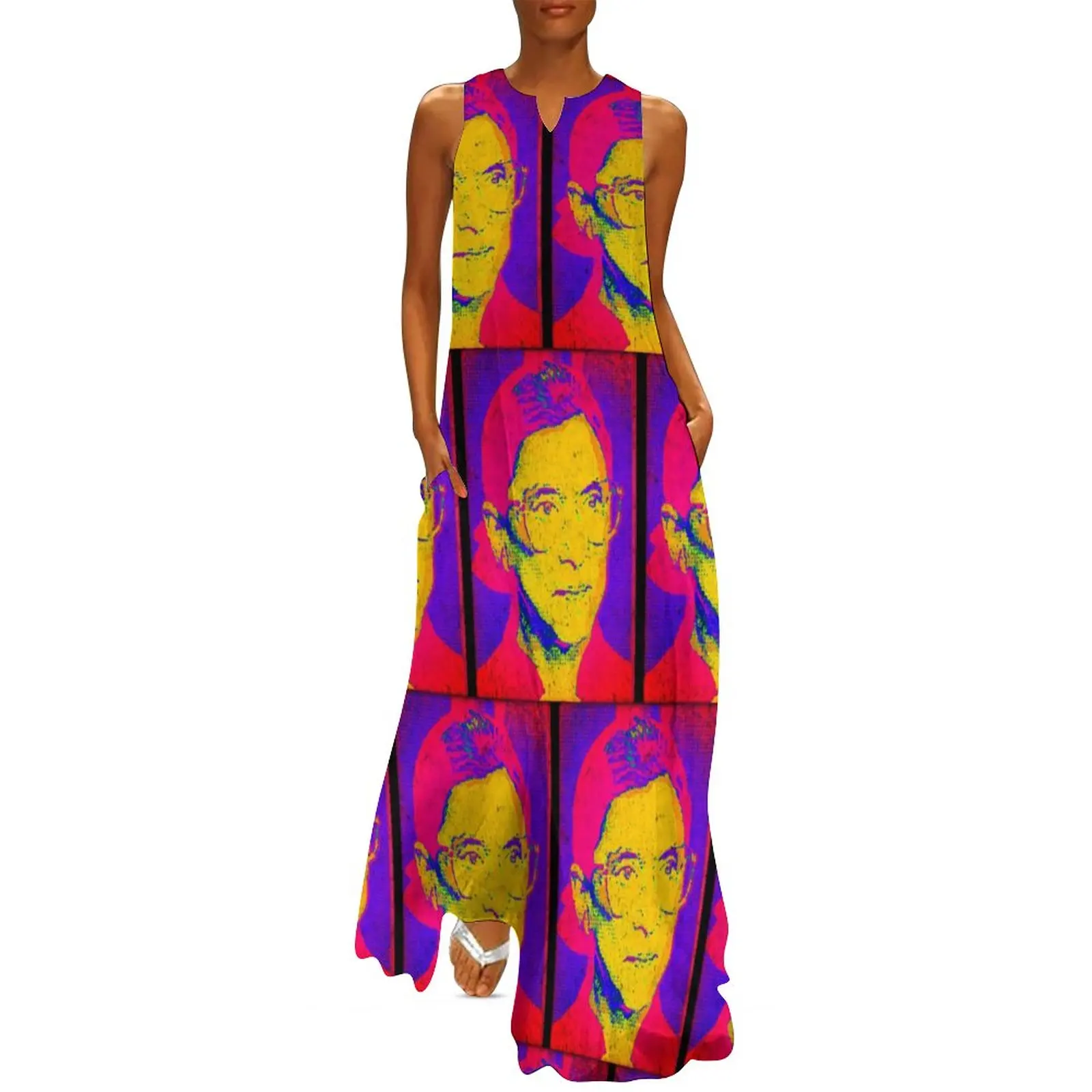 

Womens Rights Pop Art Dress Ruth Bader Ginsburg Elegant Maxi Dress V Neck Print Beach Long Dresses Aesthetic Oversized Clothes