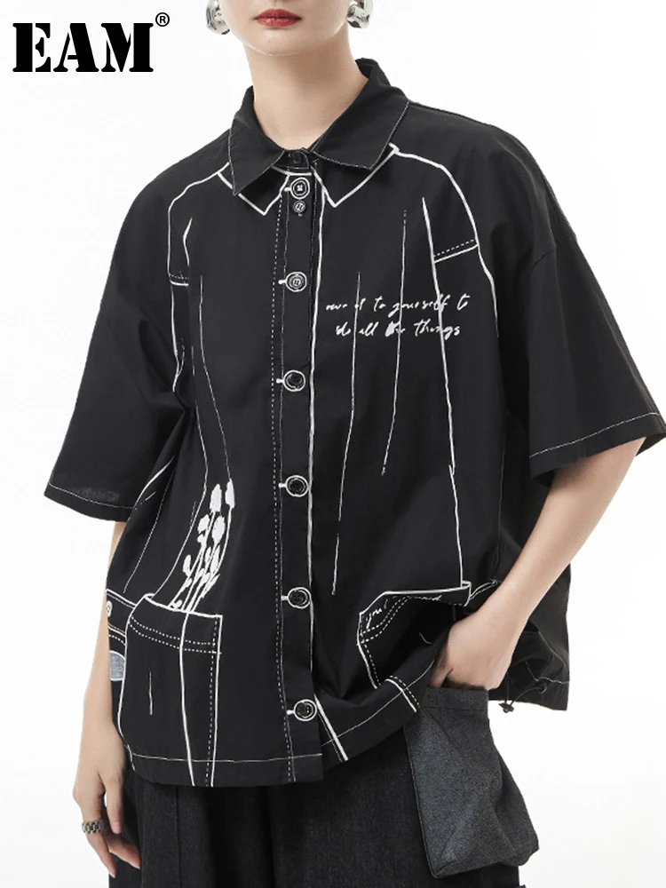 

[EAM] Women Black Pattern Big Size Casual Blouse New Lapel Half Sleeve Loose Fit Shirt Fashion Tide Spring Summer 2023 1DE8016