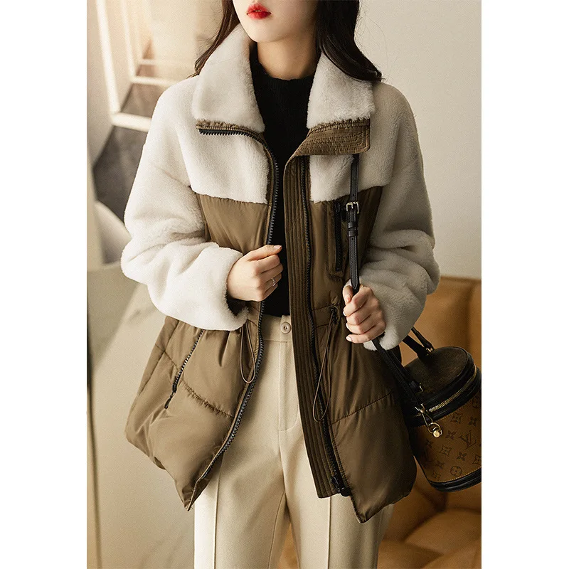 Down Jacket Women 2022 Winter 90% White Duck Coat Short Fur Splicing One Piece Korean Waistband Top Waist-cinching Cord Coats