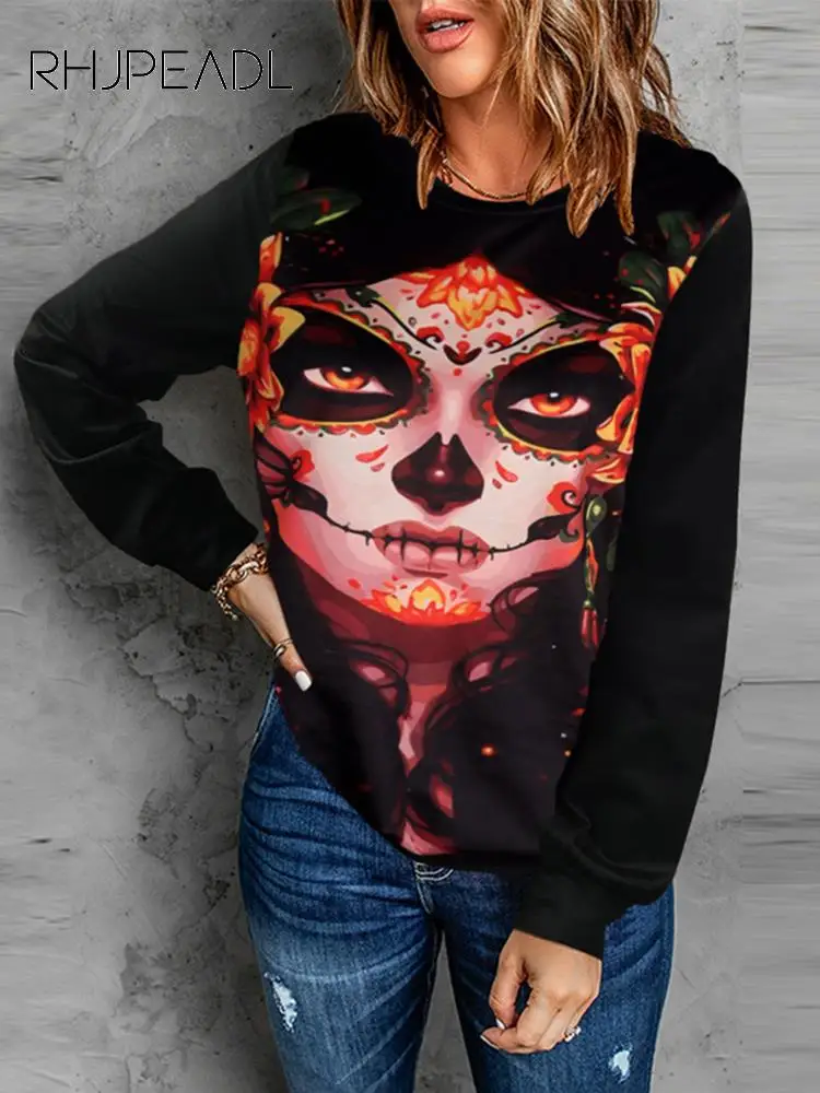 

Толстовка Женская с длинным рукавом, повседневный Свободный пуловер, свитшот с круглым вырезом и принтом, черный топ на осень