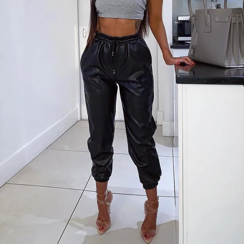 

Spring and Autumn New European and American Pu Leather Drawstring Jogging Pants Women's High Waist Harun Pants Solid Fit