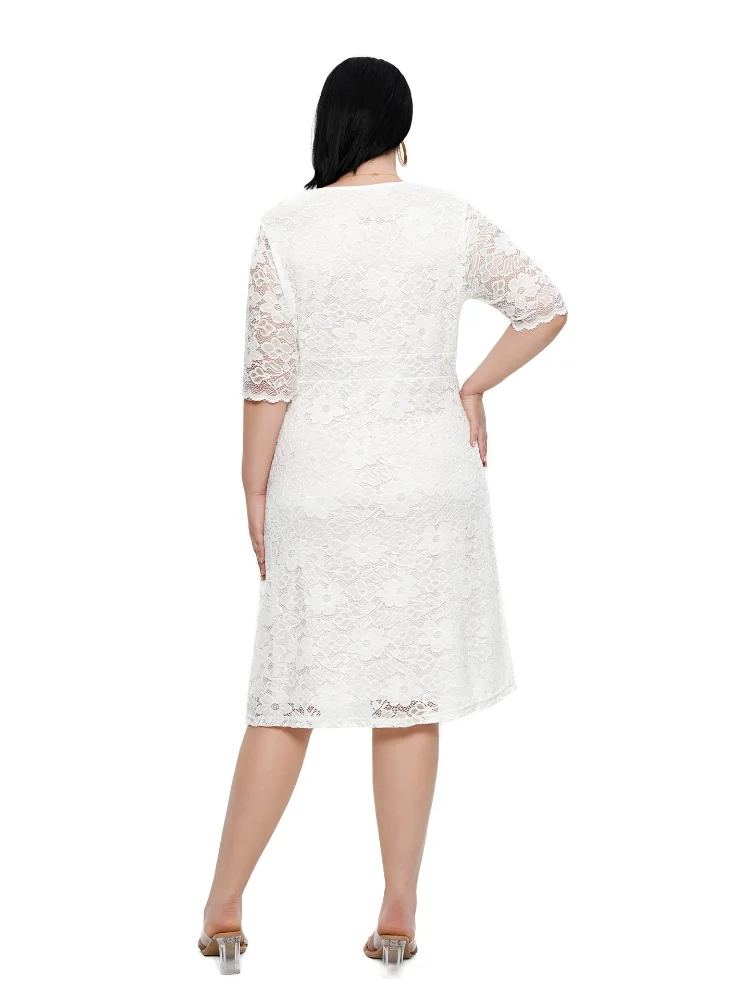 Large Evening Dress Short Dress Hollow Lace Dress long sleeve plus size women clothing fashion