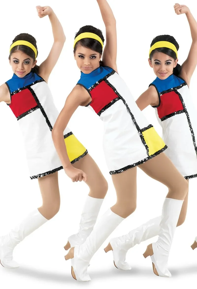 MiDee Mondrien Style Dress Color-block Twill Shift Jazz Costume Dance Performance Wear Stage Clothes