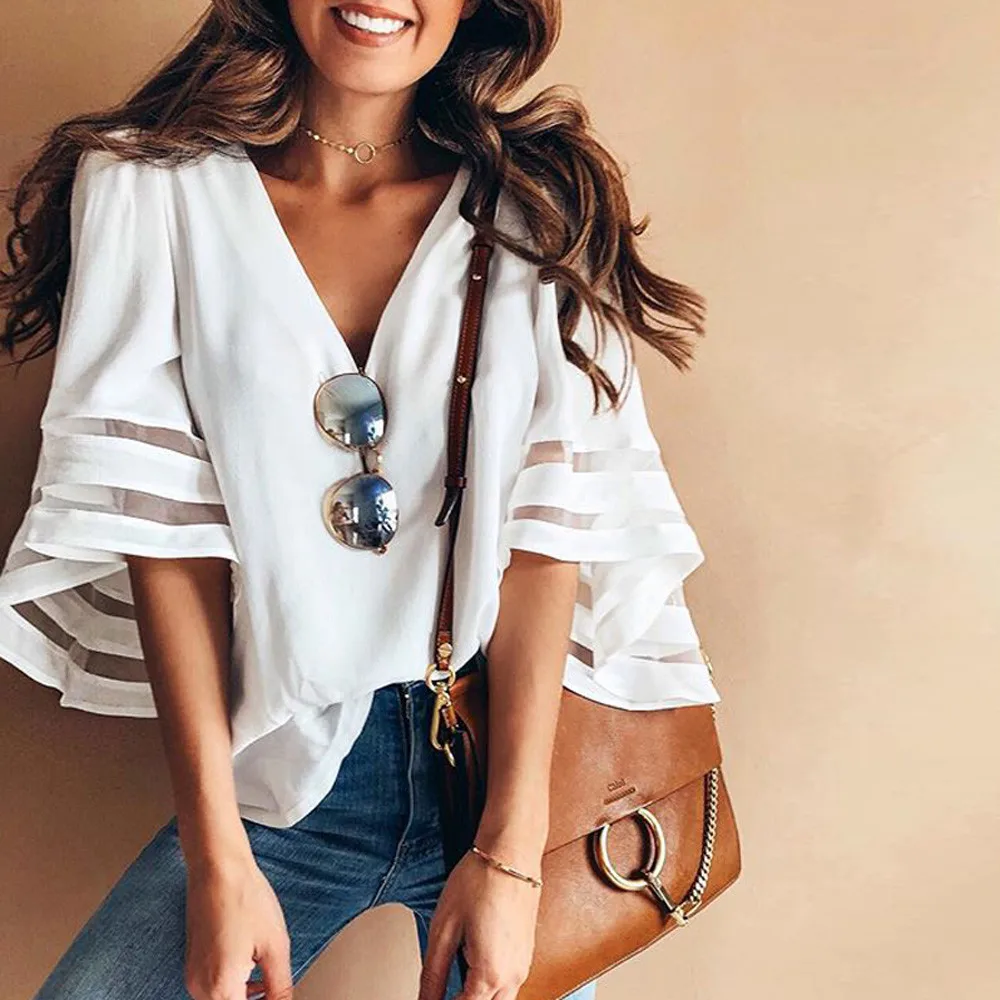 

Women's Summer Blouses 2022 Plus Size Tops V Neck Ruffles Print Chiffon Blouse Women Short Sleeve T-shirts Fashion Ladies Tops