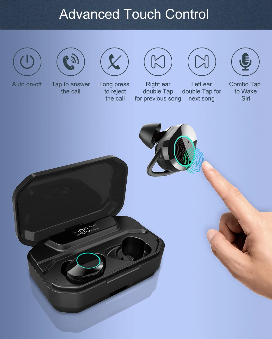 TWS-наушники KUMI T3S с зарядным футляром и поддержкой Bluetooth 3300 мАч |