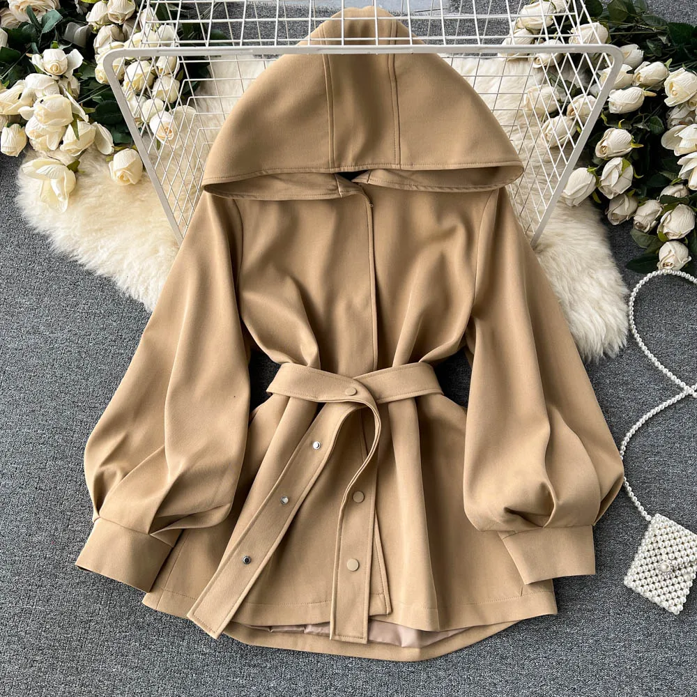 

Осенне-зимняя ветровка средней длины в Корейском стиле с ремешками свободное осенне-зимнее пальто в британском стиле с капюшоном