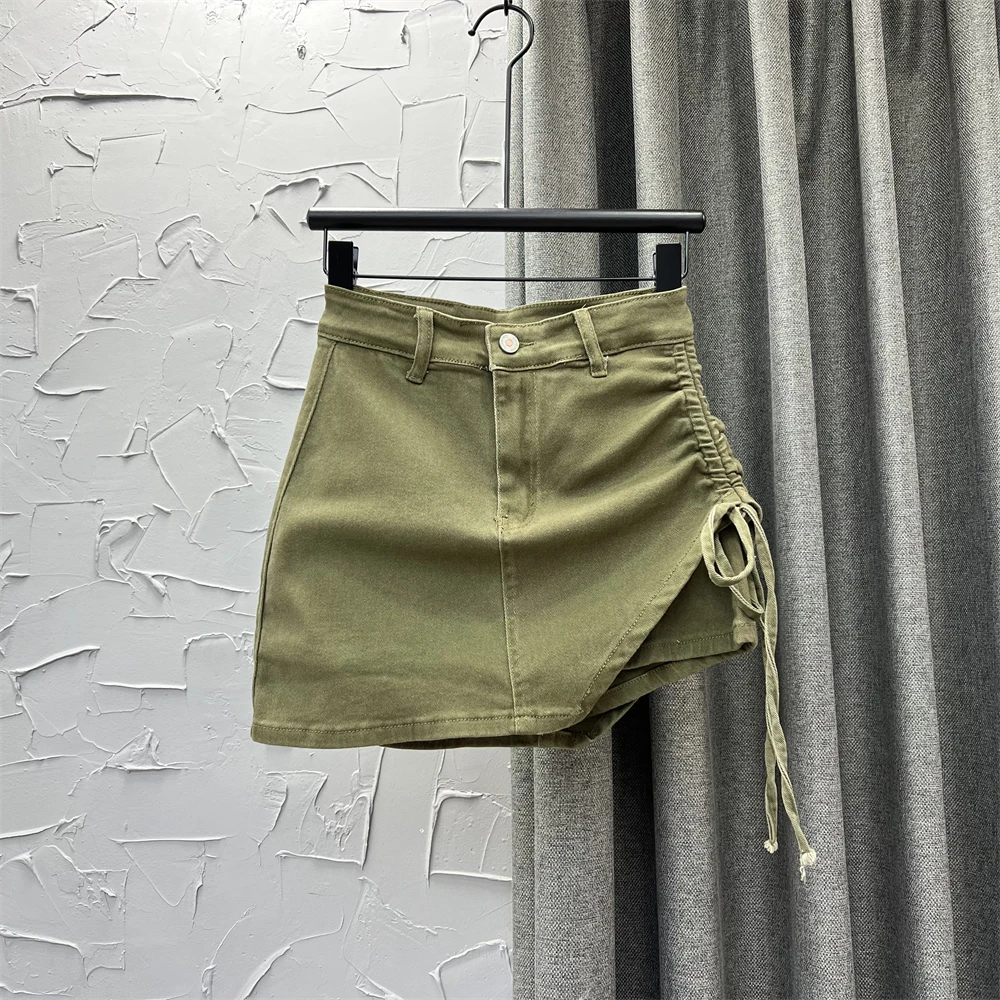 

2023 New High Waist Fashion Army Green Jeans Skirts Pleated Lace-up Denim Skirts Women's Clothing Sexy Girls Mini Skirts Femme